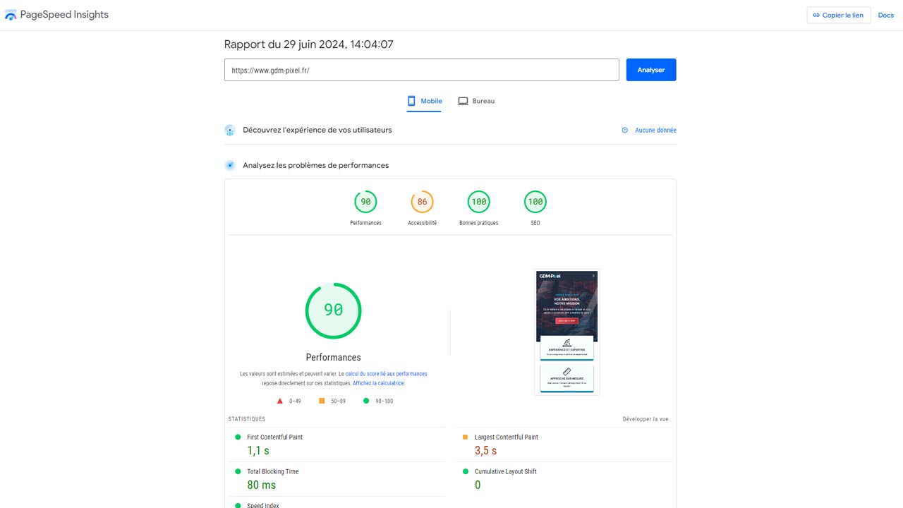 Résultats d'analyse PageSpeed Insights